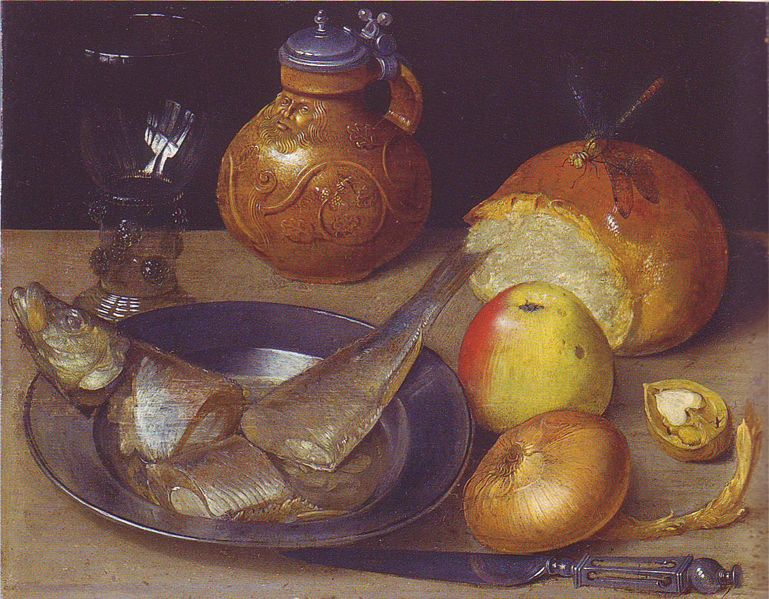 Georg Flegel Still life with herring und Bartmann jug